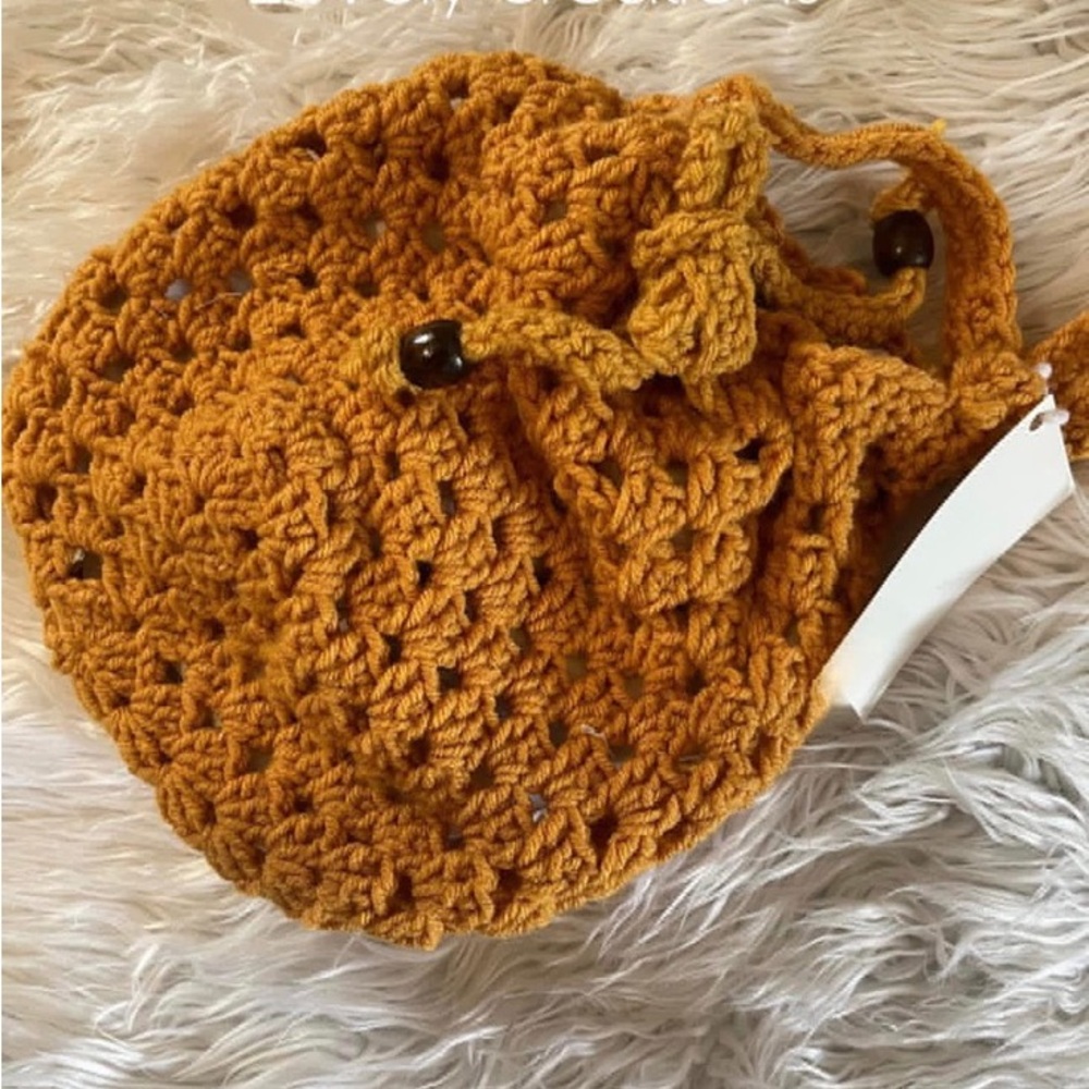 Handmade Crochet Drawstring Bag in Mustard